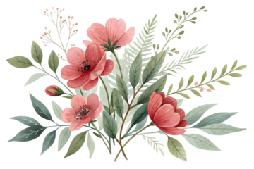 Elegant red floral bouquet watercolor illustration isolated on transparent background. Flower PNG.