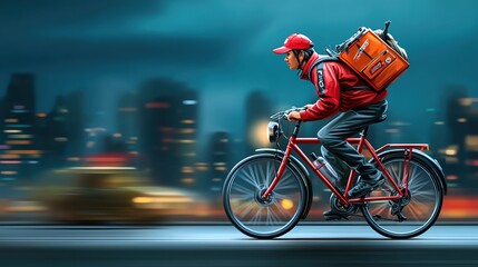 Fototapeta premium A courier rides a bicycle through a vibrant city at night.