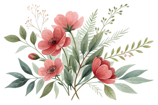 Elegant red floral bouquet watercolor illustration isolated on transparent background. Flower PNG.