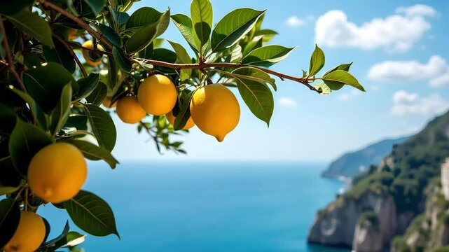 A branch of ripe amalfi lemons against turquoise sea, picturesque cliffs and sunny blue sky with white clouds. View of the Amalfi Coast in Italy.