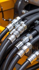 Close-up of industrial hydraulic hoses and connectors
