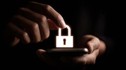 Hands holding a phone with a glowing padlock icon