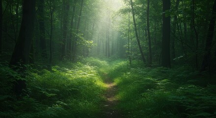 Fototapeta premium Walking Path Through Green Forest with Sunlight Streaming Through Trees