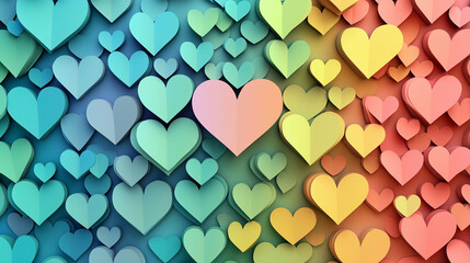 A beautiful background of 3D paper hearts in a pastel rainbow gradient, a sweet concept of love and diversity perfect for Valentine's or pride themes