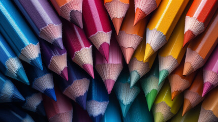 A vibrant close-up of a dense collection of colorful sharpened pencils, a concept of artistic creativity perfect for school or art supply promotions