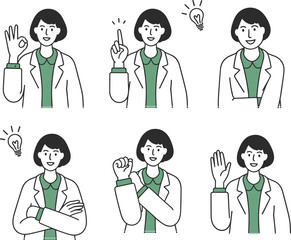 Professional character gestures, vector illustration, flat design, cad drawing, businesswoman, scientist, teacher, expressive poses, idea concept, communication