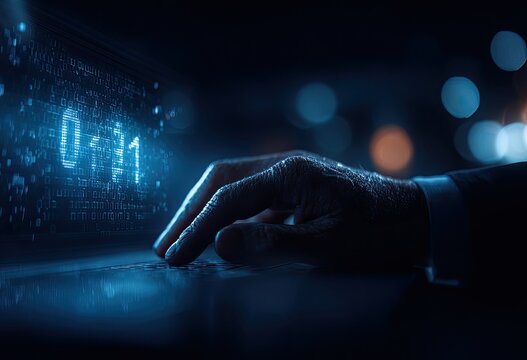 Close-up of senior hand on keyboard with digital interface