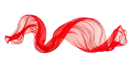 A single, long, flowing, translucent, vibrant red fabric, ethereal and weightless, dynamically sculpted into graceful waves and soft, intricate folds, isolated against a pristine, plain white studio
