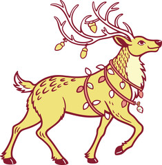 Vector drawing of a cute brown deer with a red ribbon and a Christmas tree