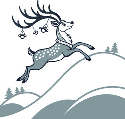 A charming Christmas card illustration featuring a winter deer and horse silhouette with festive snowflake decorations