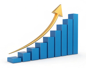 A blue bar graph showing an upward trend with a golden arrow indicating growth on a white background created with generated ai