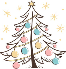 Festive Christmas tree with gifts, ornaments, and a bright star on a decorative winter holiday card