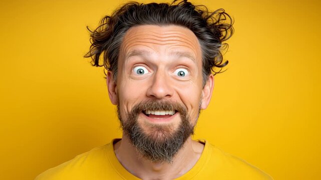 Man with curly hair and beard expresses a range of emotions, transitioning from surprise to joy, against a vibrant yellow background, capturing the essence of genuine human reactions in a dynamic sequ