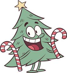 Cute vector cartoon illustration of a Christmas tree with Santa Claus and funny animal characters