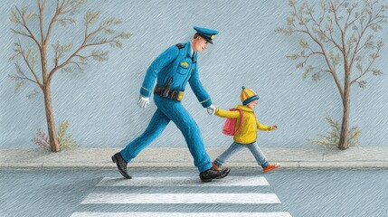 A police officer assisting a child across the street in rain.
