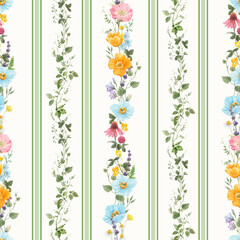 Trendy stylish Vertical Striped floral pattern with wild flowers and intertwining leaves. vintage style pattern. Design for fashion , fabric, textile, wallpaper , wrapping and all prints