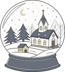 A whimsical cartoon drawing of a medieval castle and a cozy home nestled in a snowy winter village landscape