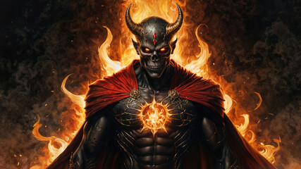 Demonic Figure with Horns, Skull Face, Cape, and Flames Illustration