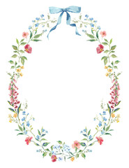 Watercolor Floral Oval Wreath with Blue Ribbon, Hand-Painted Botanical Frame for Wedding Invitations, Greeting Cards, Baby Shower, and Spring Decor