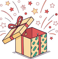 A colorful gift box vector illustration with a red ribbon and bow, perfect for holiday, birthday, or surprise celebrations