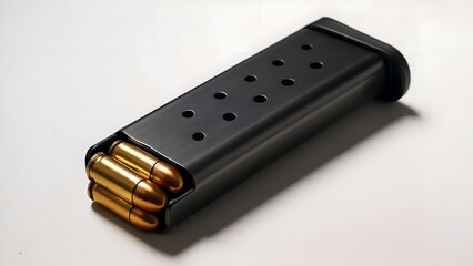 Close-Up of Sleek Metal Pistol Magazine Loaded with Brass Cartridges on White Background