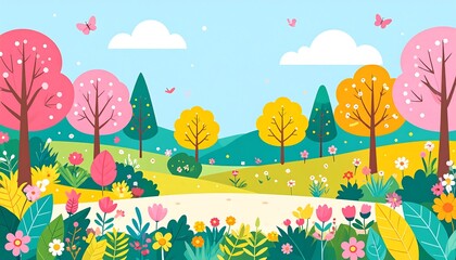 Vibrant spring landscape with colorful trees, flowers, and butterflies