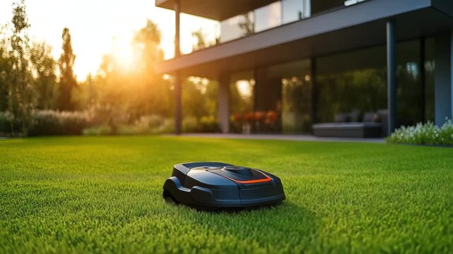 Autonomous lawn mower smart technology for green grass modern house outdoor sunset, innovative garden landscaping with efficient futuristic design, peaceful atmosphere, eco friendly residential clean