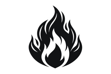 Bold black showcases stylized flames ascending against the white background