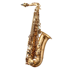 A classic golden saxophone, a brass musical instrument commonly used in jazz and classical music, isolated on a transparent background, ready for performance or practice