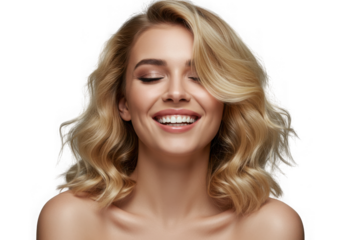 Blonde woman laughing with eyes closed against black background