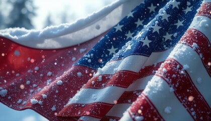 American flag covered in snow, symbolizing resilience and unity in a winter setting