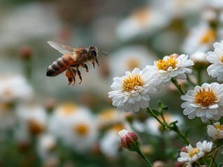Honey Bee Flying Near White Flowers