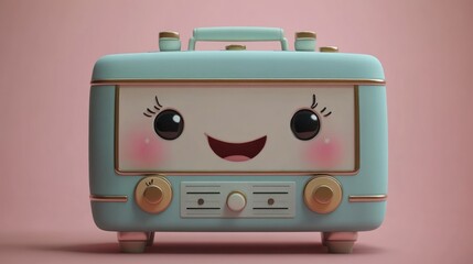 Fototapeta premium Cute, smiling, pastel-blue retro radio. Happy expression