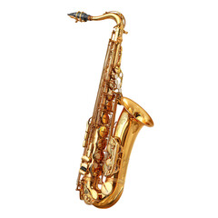 A gleaming golden saxophone, a classic brass musical instrument, isolated on a clean transparent background, symbolizing jazz, music, and performance