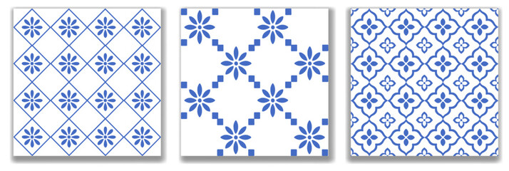 Set of three seamless vector tile patterns in traditional blue. Inspired by classic Mediterranean and Portuguese ceramics. Great for kitchen decor, textiles, wallpaper, and wrapping paper.