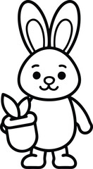 Charming Bunny Illustration with Potted Plant A Sweet Black and White Depiction for Children's Art and Easter Themes