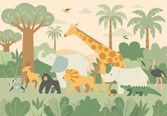Obraz premium Vector illustration of cute African animals in a flat cartoon style. Includes giraffe, elephant, lion, rhino, crocodile, ostrich, gorilla, lemur, flamingo, turtle, and birds in a tropical savanna