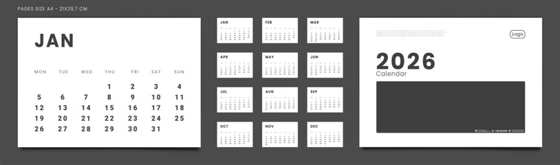 Set of 2026 Pages Monthly Calendar Planner Templates, Cover with Place for Photo, Company Logo. Vector pages for wall or desk calendar in minimal style. Page size A4 for Print. Week start on Monday
