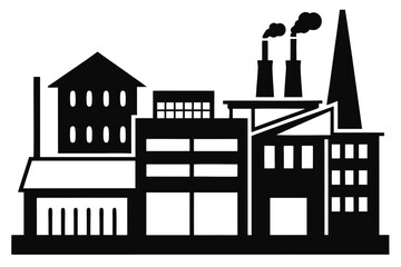 Naklejka premium Black factory silhouette shows complex buildings and smoke on a clean white background