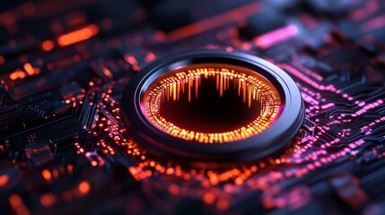 Glowing cybernetic eye embedded in circuit board