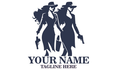 Chic spy day icon. chic spy women vector illustration and confident woman in suit and hat holding gun with determined look vector illustrasion