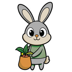 Adorable Cartoon Bunny Holding a Plant in a Pot Symbolizing Gardening Spring and Easter Celebrations in a Whimsical Style