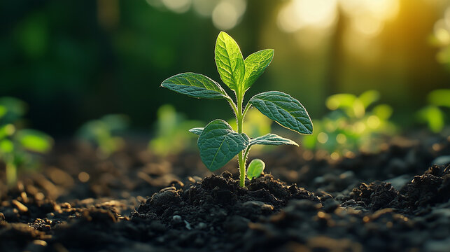 Fototapeta A single green sprout emerging from rich dark soil with warm sunlight, a hopeful concept of new beginnings perfect for business growth themes