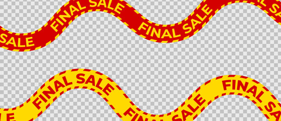 Warning sale ribbon, alert tapes for final offer zone, promo stripe design, curvy urgency path, checkout visual marketing. Vector illustration