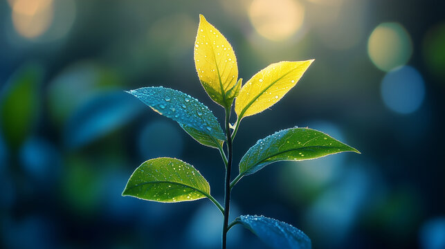 Fototapeta A fresh young plant with a bright yellow leaf against a soft bokeh background, a concept of new potential and standing out, perfect for growth themes