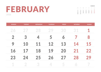 Monthly page Calendar Planner Template design of February 2026. Vector layout of calendar with week start Monday for Scheduling. Page for size A4 or 21x29.7 cm