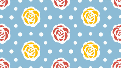 Repeating pattern of red and yellow roses with white outlines on a light blue background with polka dots
