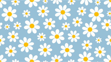 Seamless pattern of white daisies with yellow centers on a light blue background evenly distributed design