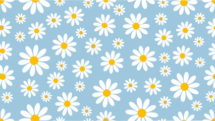 Seamless pattern of white daisies with yellow centers scattered on a light blue background design element
