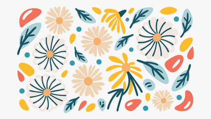 Floral pattern with daisies, leaves and abstract shapes in a playful and colorful arrangement design